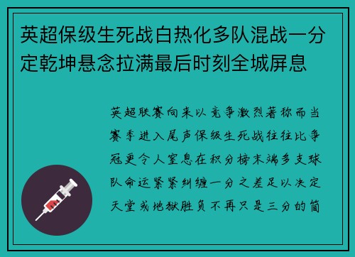 英超保级生死战白热化多队混战一分定乾坤悬念拉满最后时刻全城屏息 英超保级生死战白热化多队混战一分定乾坤悬念拉满最后时刻全城屏息