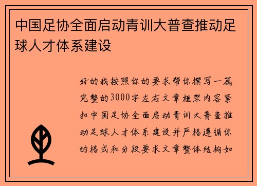 中国足协全面启动青训大普查推动足球人才体系建设