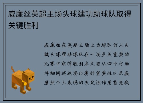 威廉丝英超主场头球建功助球队取得关键胜利